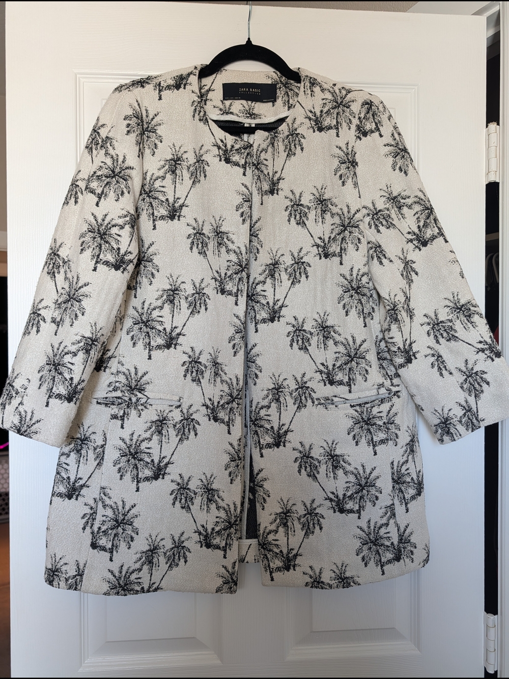 Zara Palm Print Open Front Coat Cream/Black Chic Tropical Summer Sz L